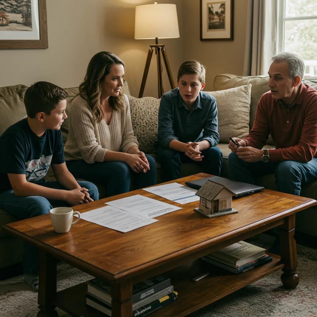 Family discussing title and administrative expenses in a cozy living room