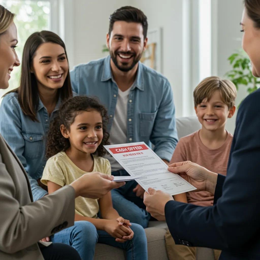 A family happily accepting a cash offer for their home, highlighting the benefits of quick sales