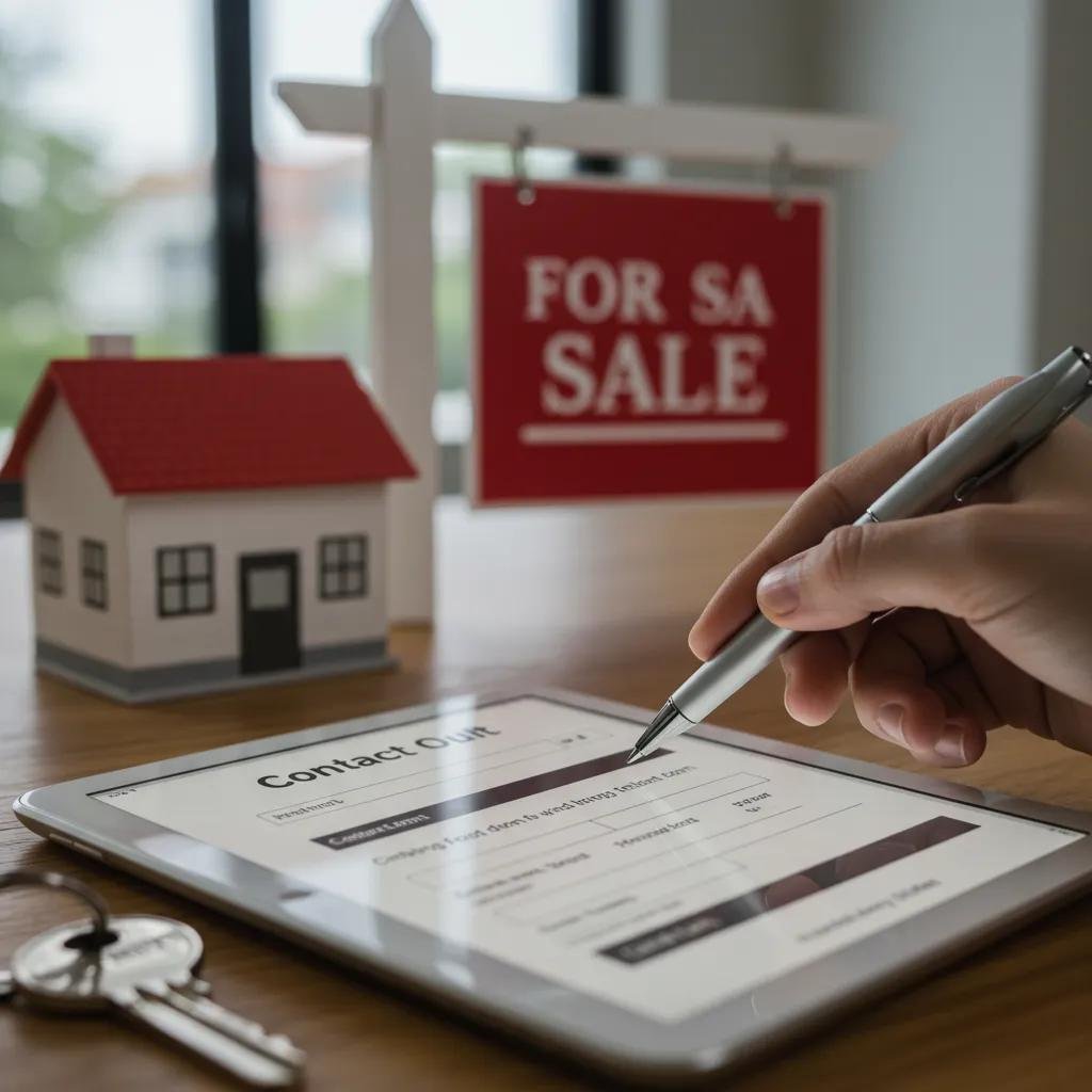Close-up of a hand using a tablet to fill out a contact form, with a house key and 'For Sale' sign nearby