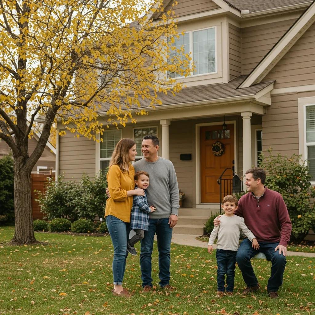 Happy family in front of their home representing savings from selling without real estate commissions