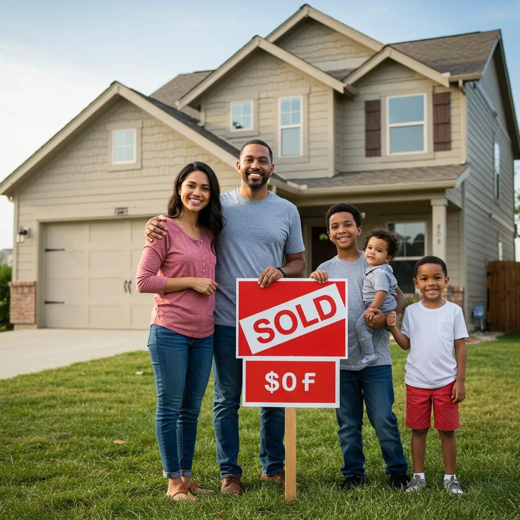 Happy family in front of their sold home, representing successful cash home sale testimonials