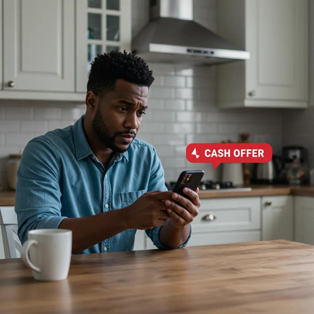 A homeowner looking relieved after receiving a cash offer notification, symbolizing the avoidance of foreclosure