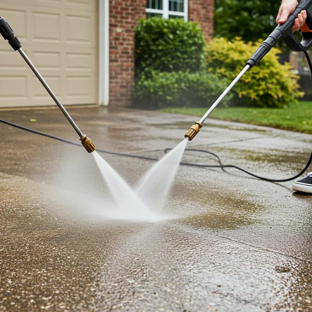 Homeowner power washing a driveway to quickly improve the home's exterior appearance