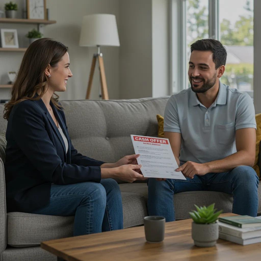 A homeowner happily accepting a cash offer from a representative in a comfortable living room setting