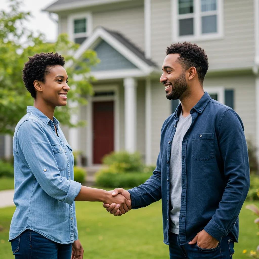 A homeowner and a cash buyer shaking hands in front of a house, symbolizing a successful and quick sale.