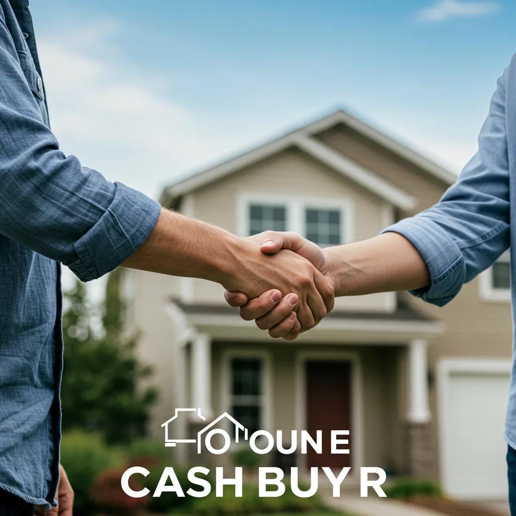 A homeowner and a cash buyer shaking hands in front of a house