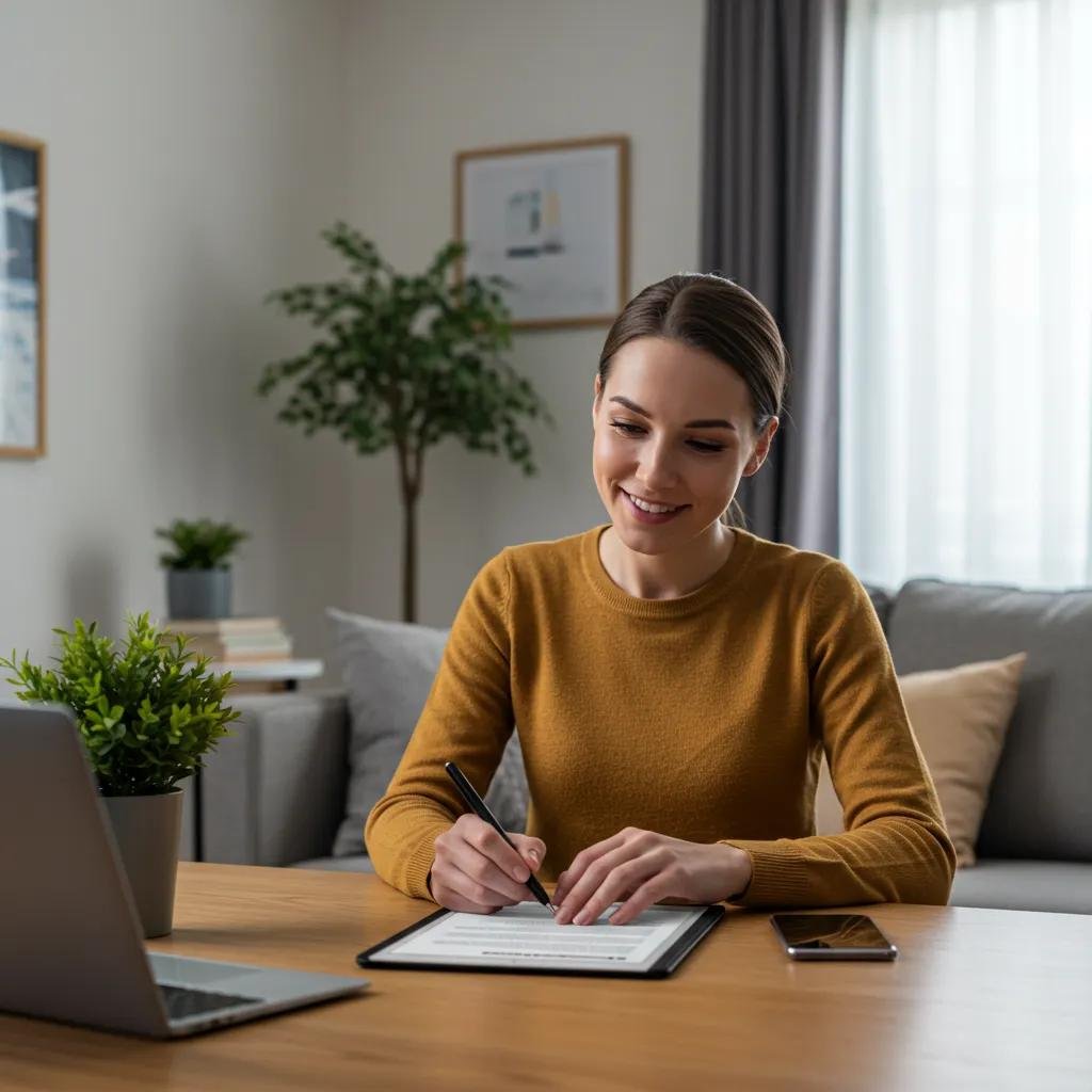Homeowner signing a digital contract on a tablet in a secure and modern living room