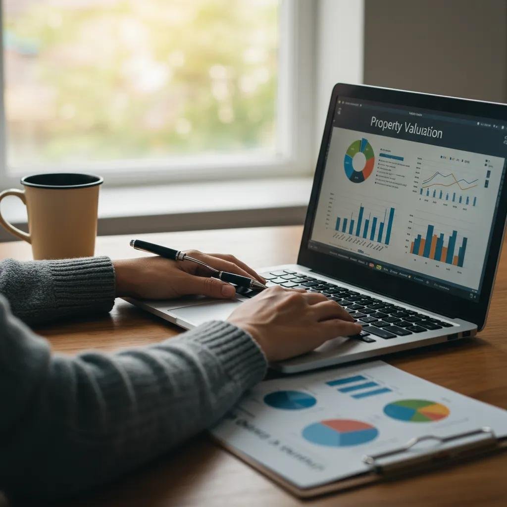 Professional reviewing home valuation data on a laptop in a comfortable office