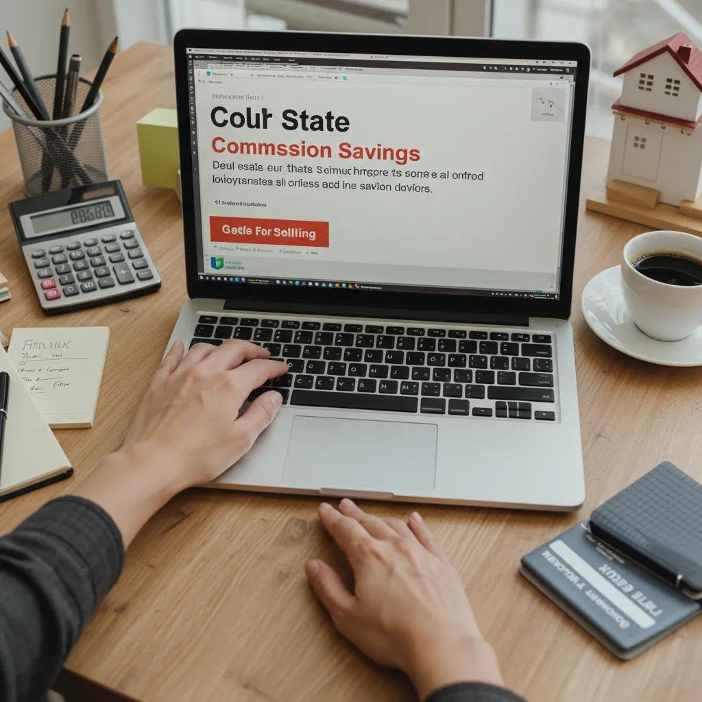 A person using a laptop and calculator to determine real estate commission savings in a bright, organized workspace