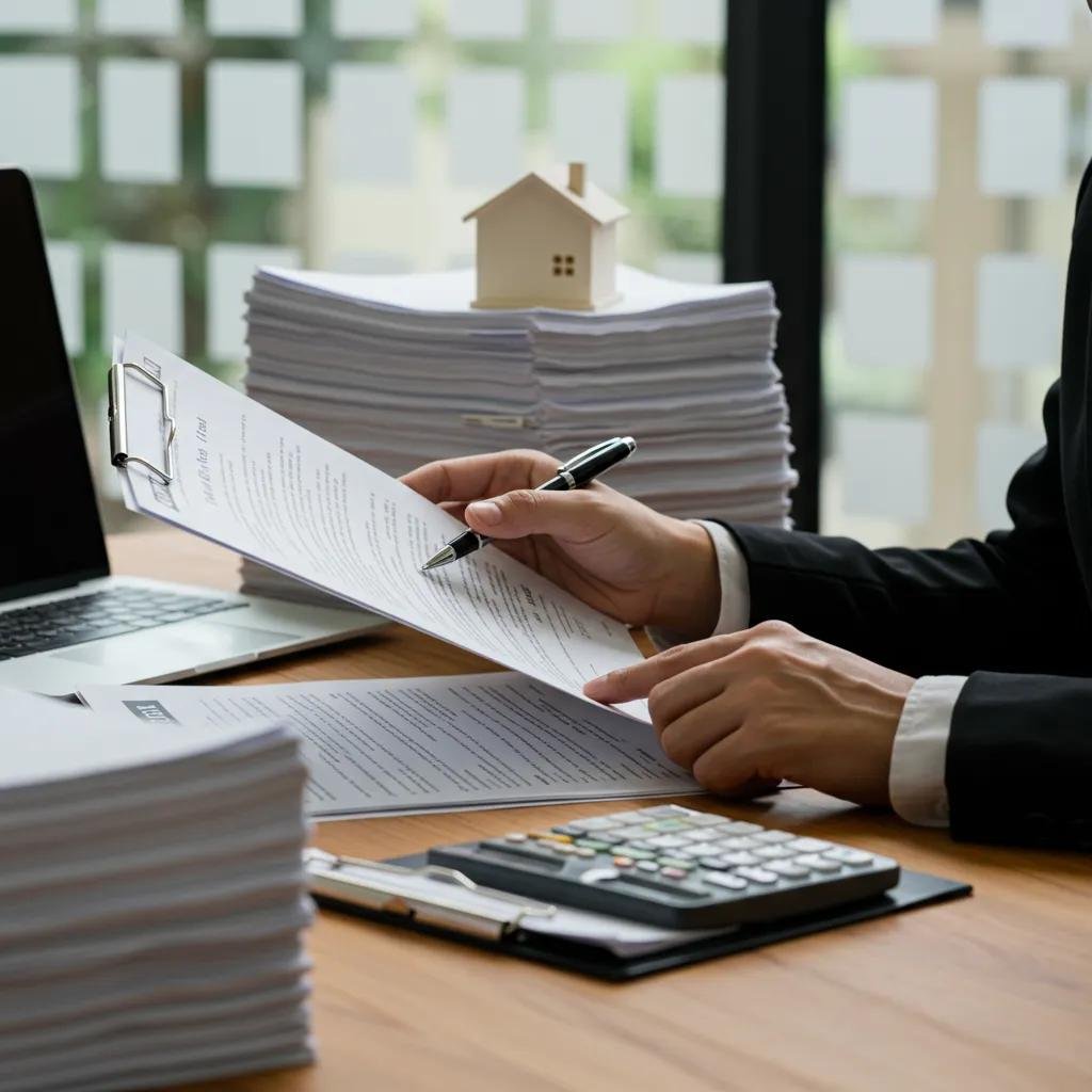 A real estate professional meticulously examining property records during a title search for a cash sale.
