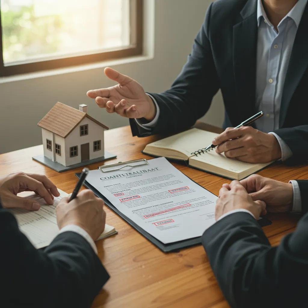 Real estate agent and homeowner reviewing contract terms in a professional office