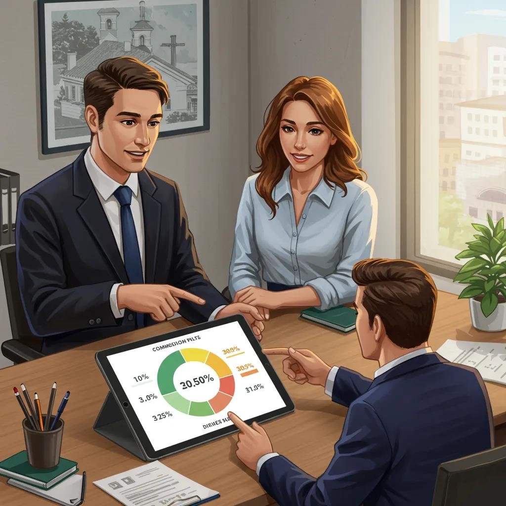 A real estate agent explaining commission splits to clients in a professional office setting.