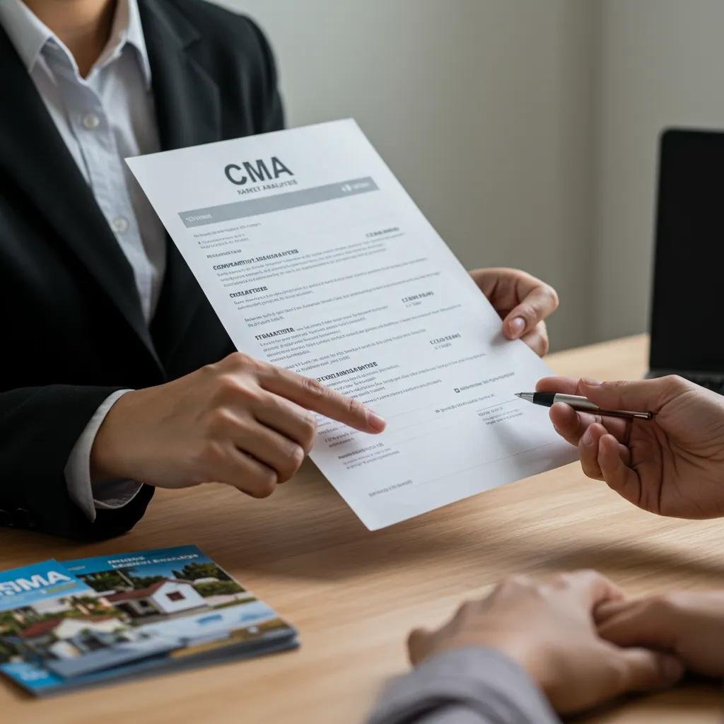 Real estate agent presenting CMA to homeowner in a modern office