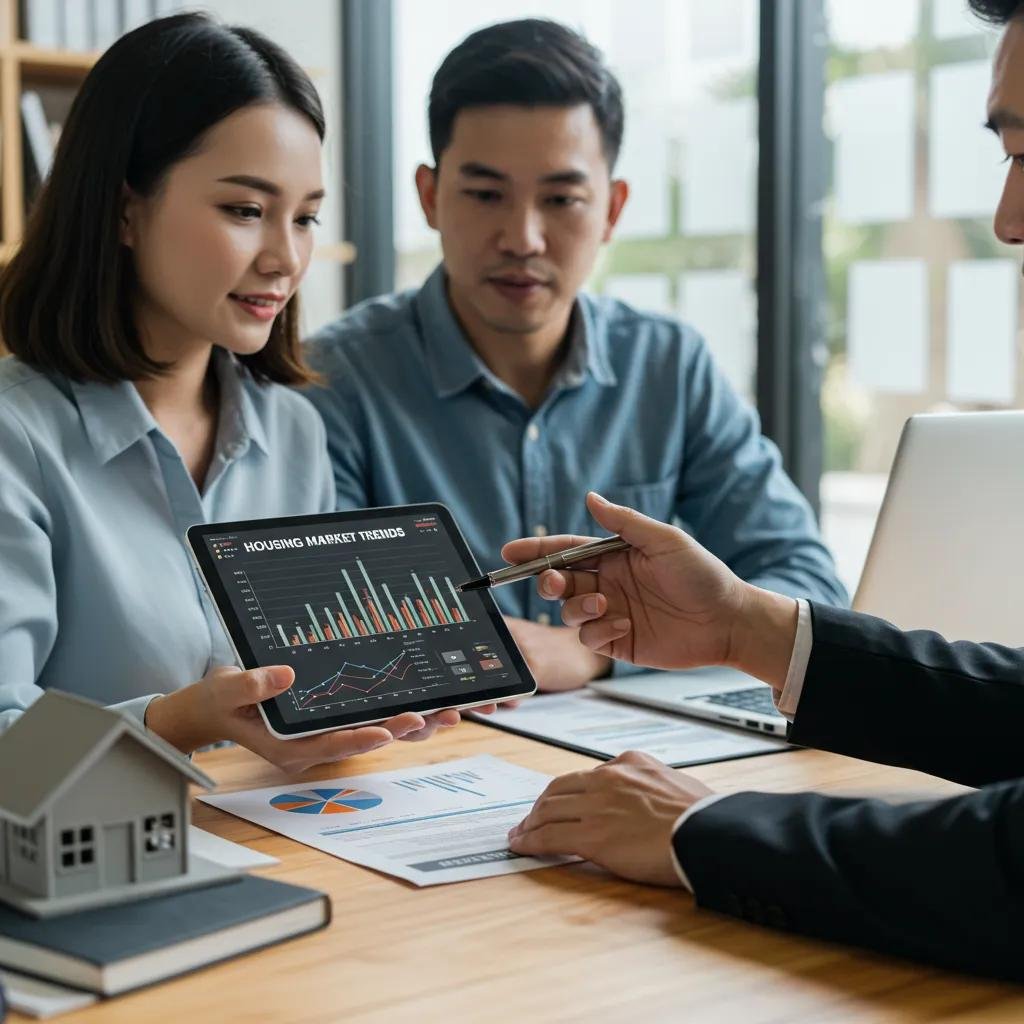 A real estate agent explaining market trends to a couple
