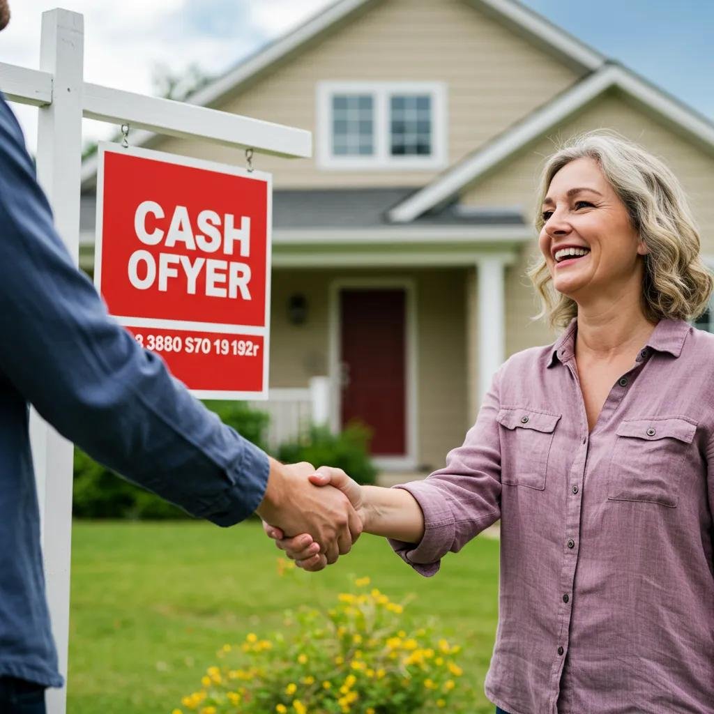 A seller and a cash buyer shaking hands in front of a house marked as sold