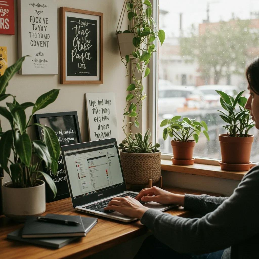 Small business owner working on SEO strategies in a cozy office setting