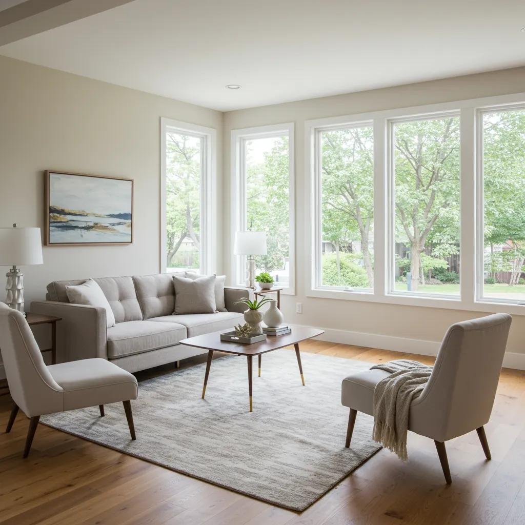 Staged living room with modern furniture and natural light, emphasizing home preparation for showings