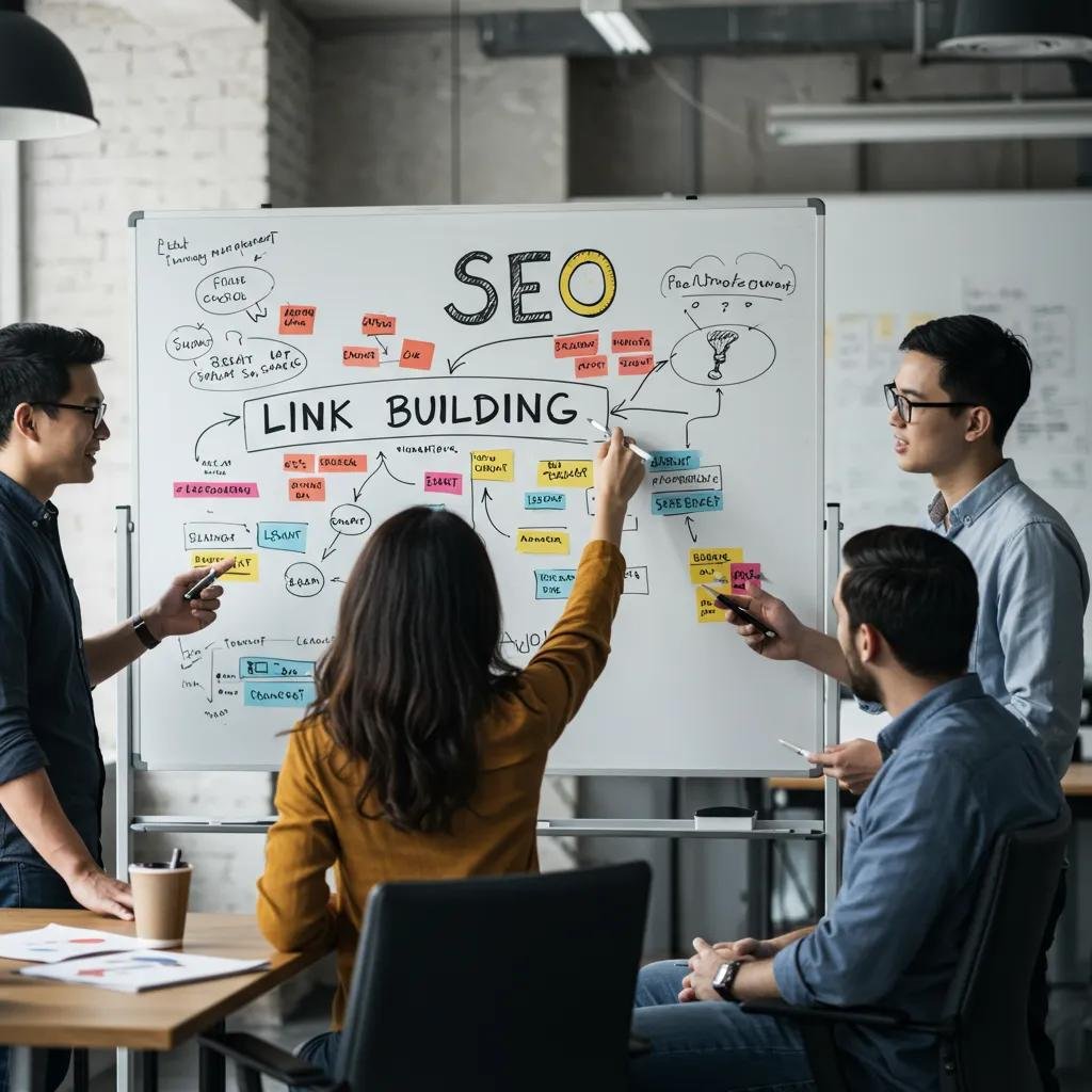 Team of professionals discussing link building strategies in a modern office setting