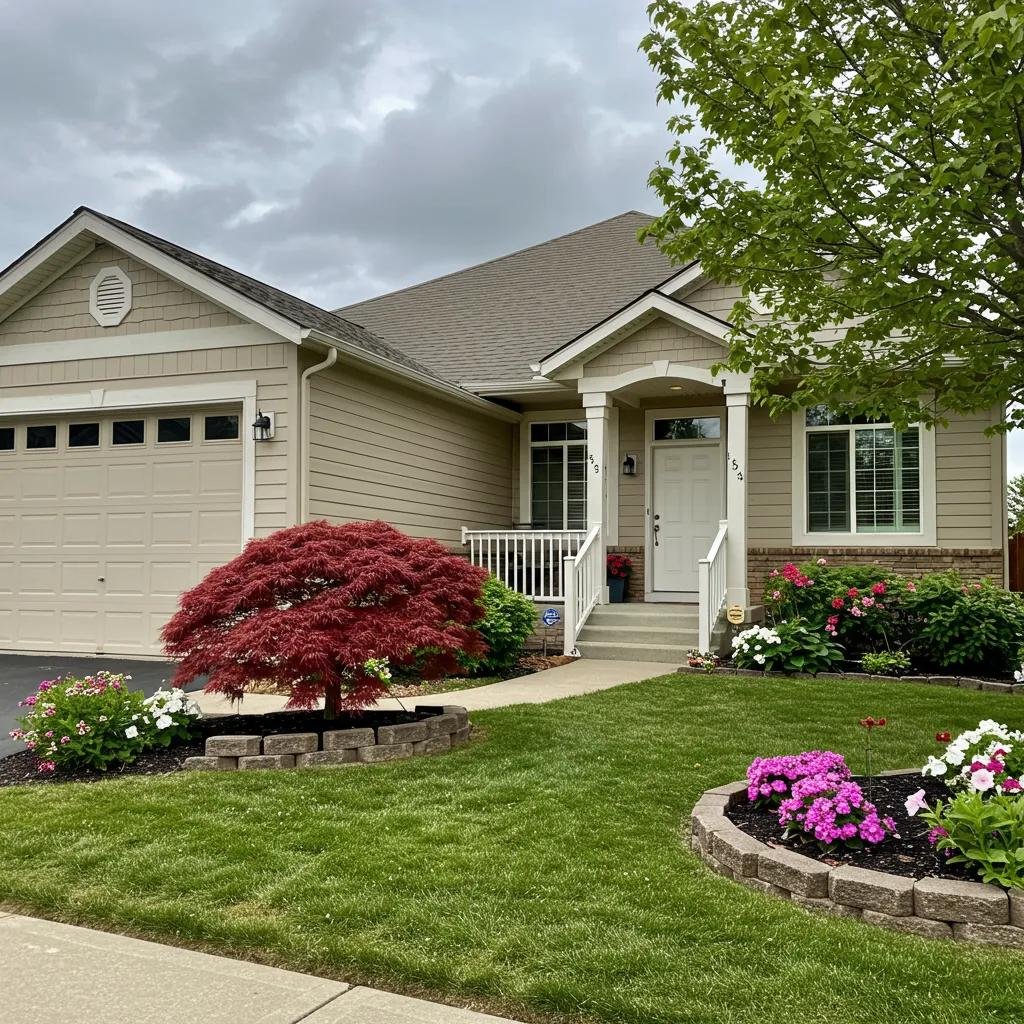 Welcoming home exterior with blooming flowers and clear sky, emphasizing curb appeal for selling