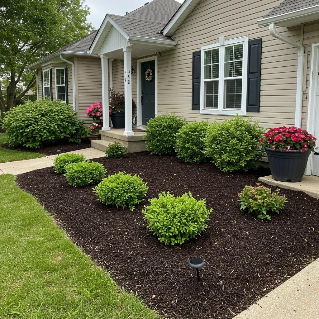 Beautifully maintained landscaping with neatly trimmed bushes and colorful potted plants enhancing curb appeal